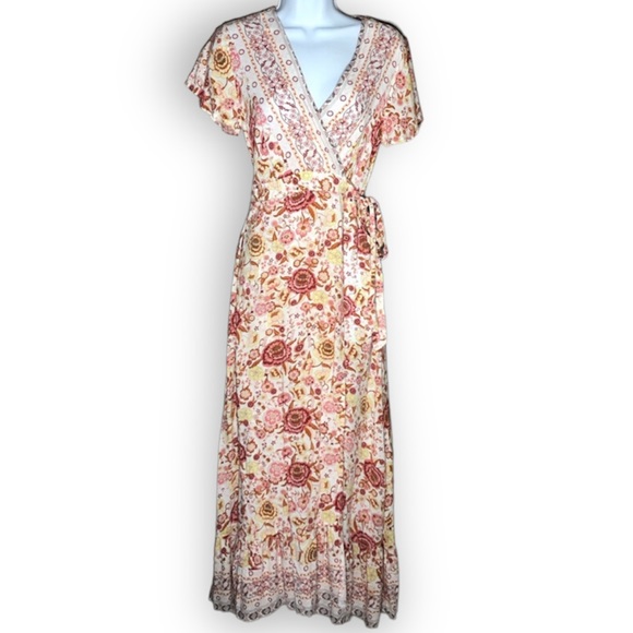 zesica Dresses & Skirts - Zesica bohemian v-neck wrap maxi dress floral orange/cream women’s size L